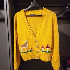Chic Yellow Cardigan with Deer and Mushroom Design